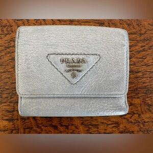 Prada Vitello Dino Leather Mini Wallet - Metallic Silver with COA